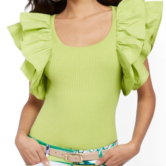 Lime Green Ruffled-Sleeve Sweater - 7th Avenue - Picture 1 of 2